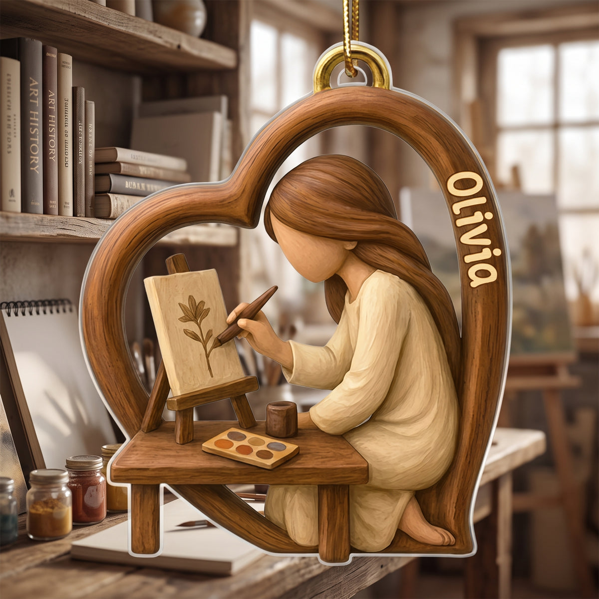 Personalized Acrylic Ornament, Warm Wood Tone Artist Painting in Heart, Unique Creative Gift for Artists