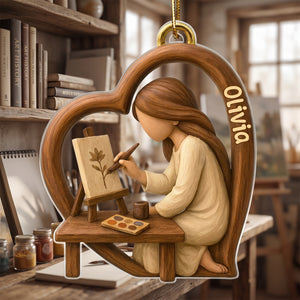 Personalized Acrylic Ornament, Warm Wood Tone Artist Painting in Heart, Unique Creative Gift for Artists