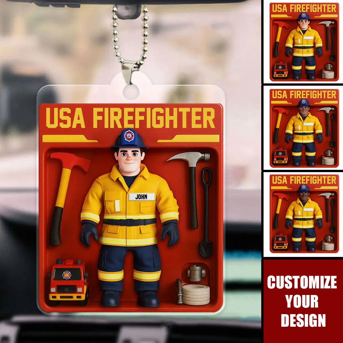 Personalized USA Firefighter Acrylic Car Ornament - Custom Figure For Firefighters