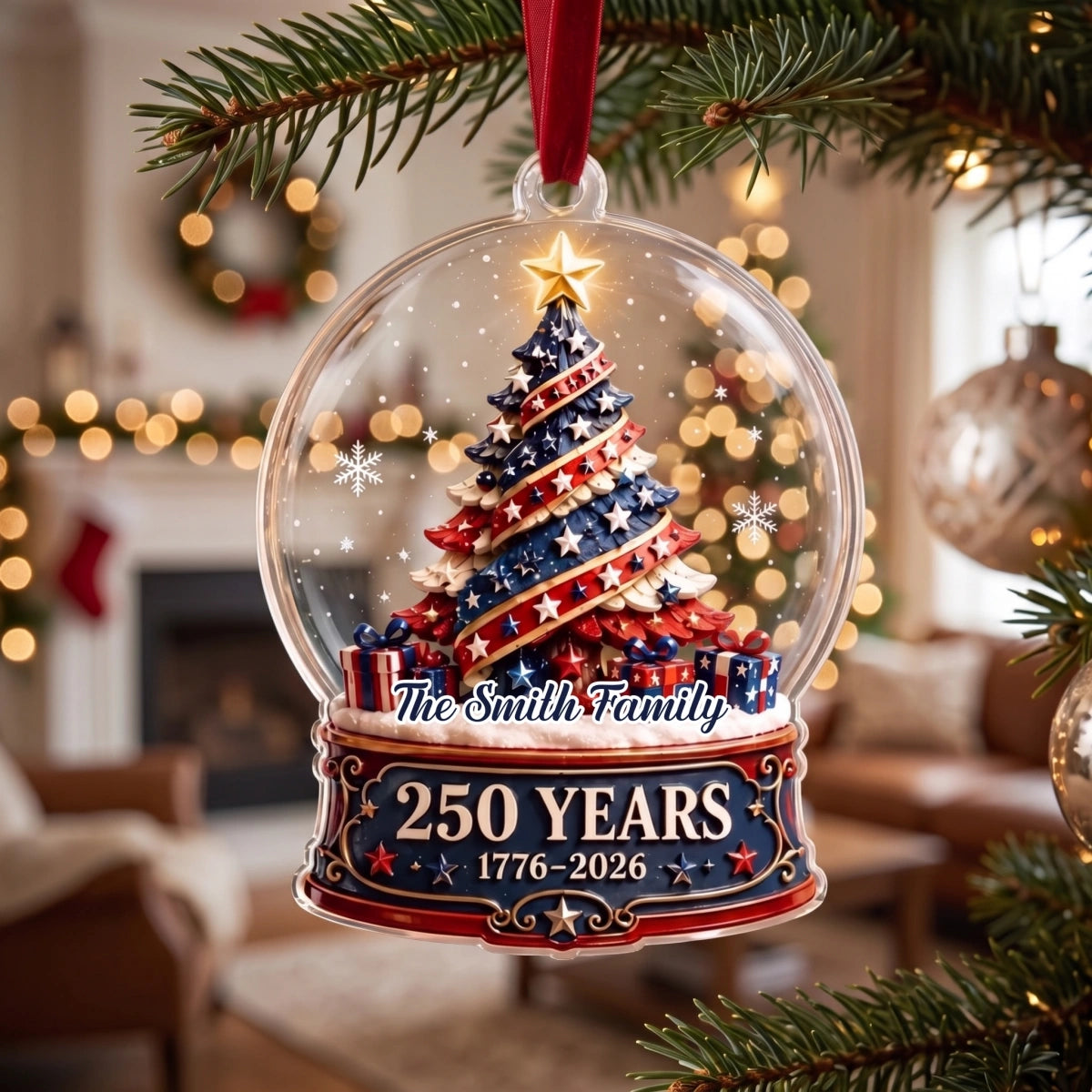 Personalized 250th America Snow Globe Christmas Acrylic Ornament - Patriotic Family Gift