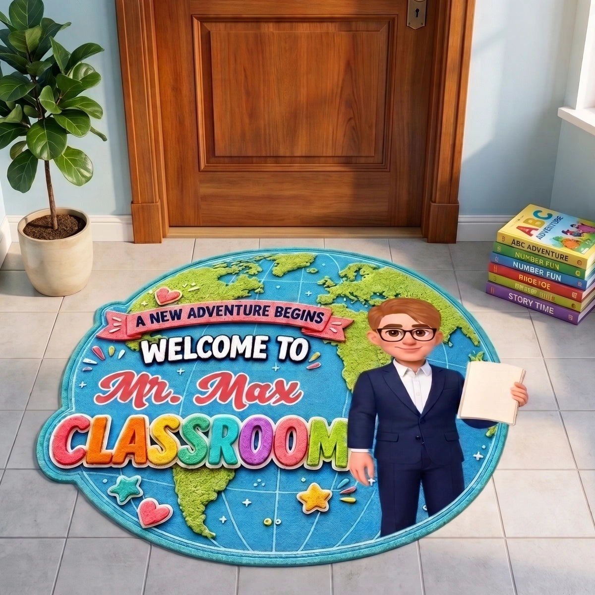Personalized Name Shaped Doormat - Globe Classroom Welcome Design - Back To School Teacher Gift