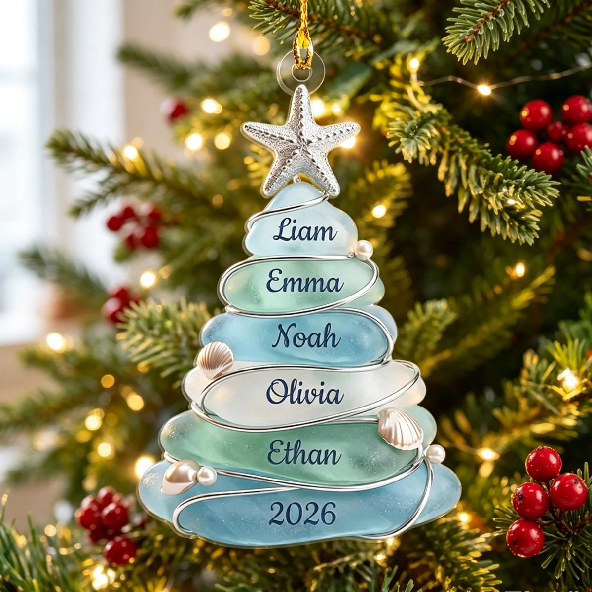 Personalized Sea Glass Christmas Tree Ornament - Custom 1-13 Names - Beach Theme Family Gift