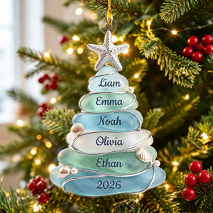 Personalized Sea Glass Christmas Tree Ornament - Custom 1-13 Names - Beach Theme Family Gift