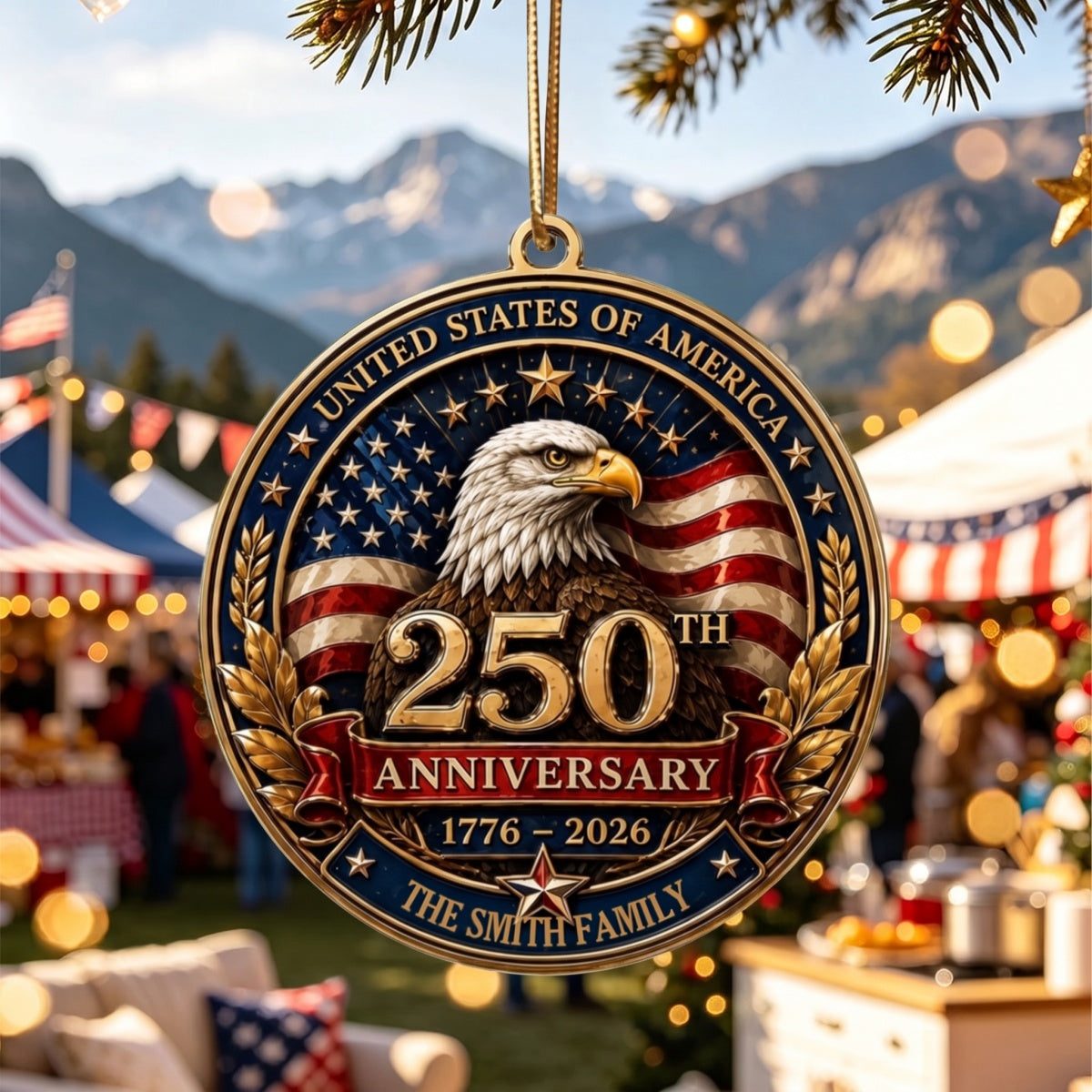 Personalized USA 250th Anniversary Ornament - Bald Eagle Patriotic Christmas Family Gift