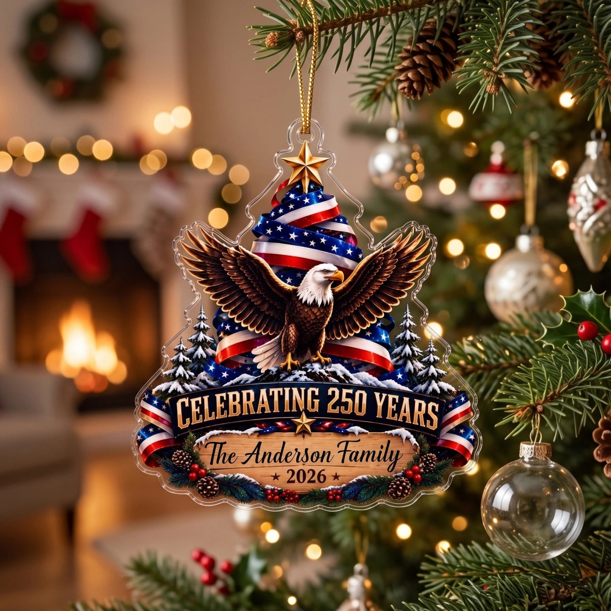 Custom Family Name USA 250th Christmas Ornament - American Eagle Patriotic Gift