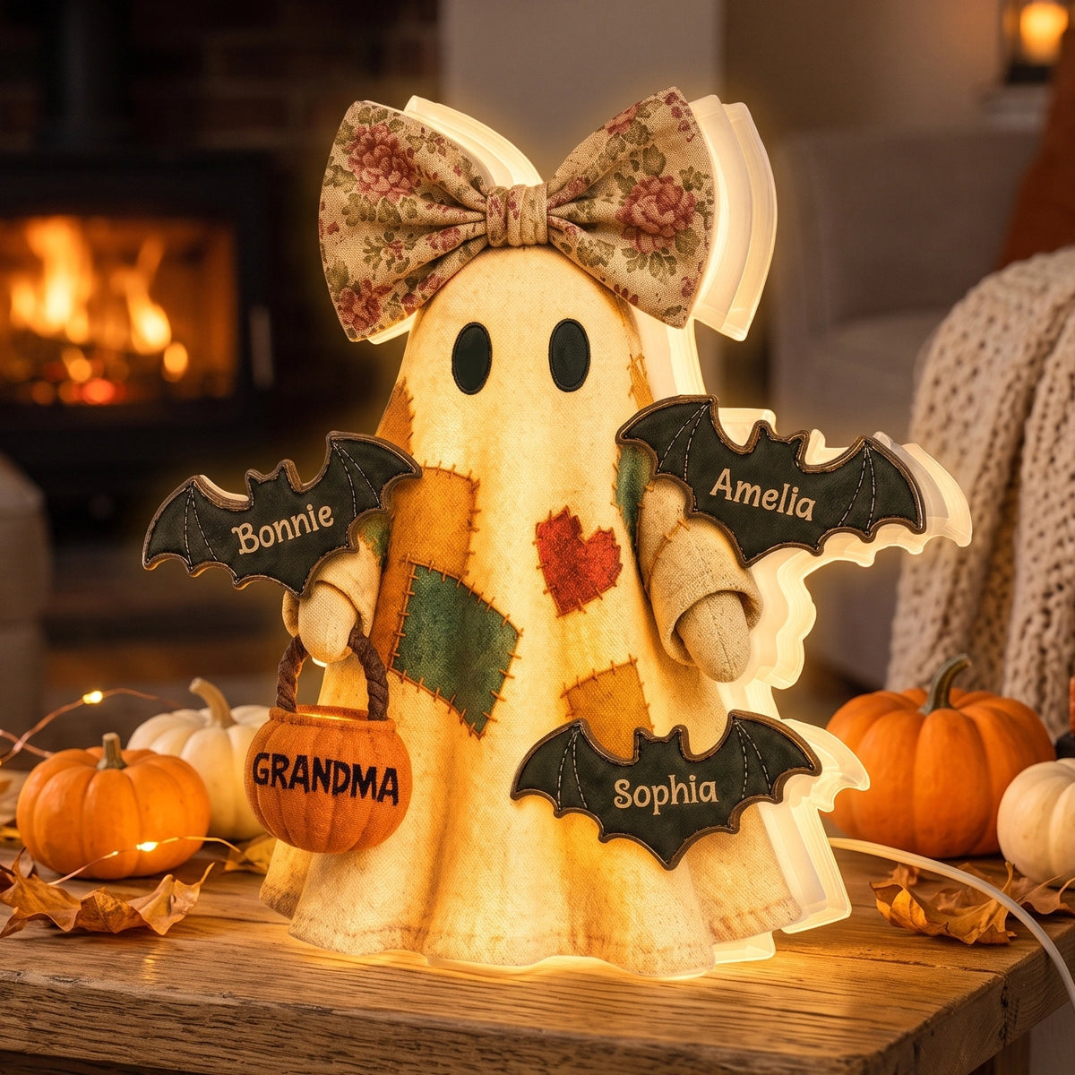 Personalized Ghost Bats Acrylic Light Box With 1 - 8 Names - Unique Halloween Gift For Family