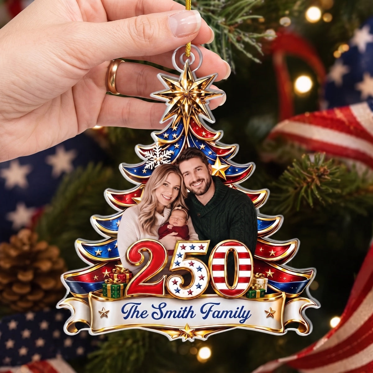 Custom Photo America 250th Anniversary Christmas Ornament - Patriotic Gift For Family