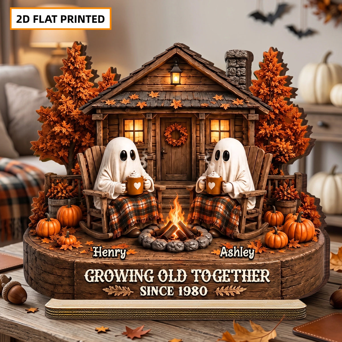 Personalized 2-Layer Ghost Couple Wooden Plaque - Growing Old Together Halloween Decor Gift
