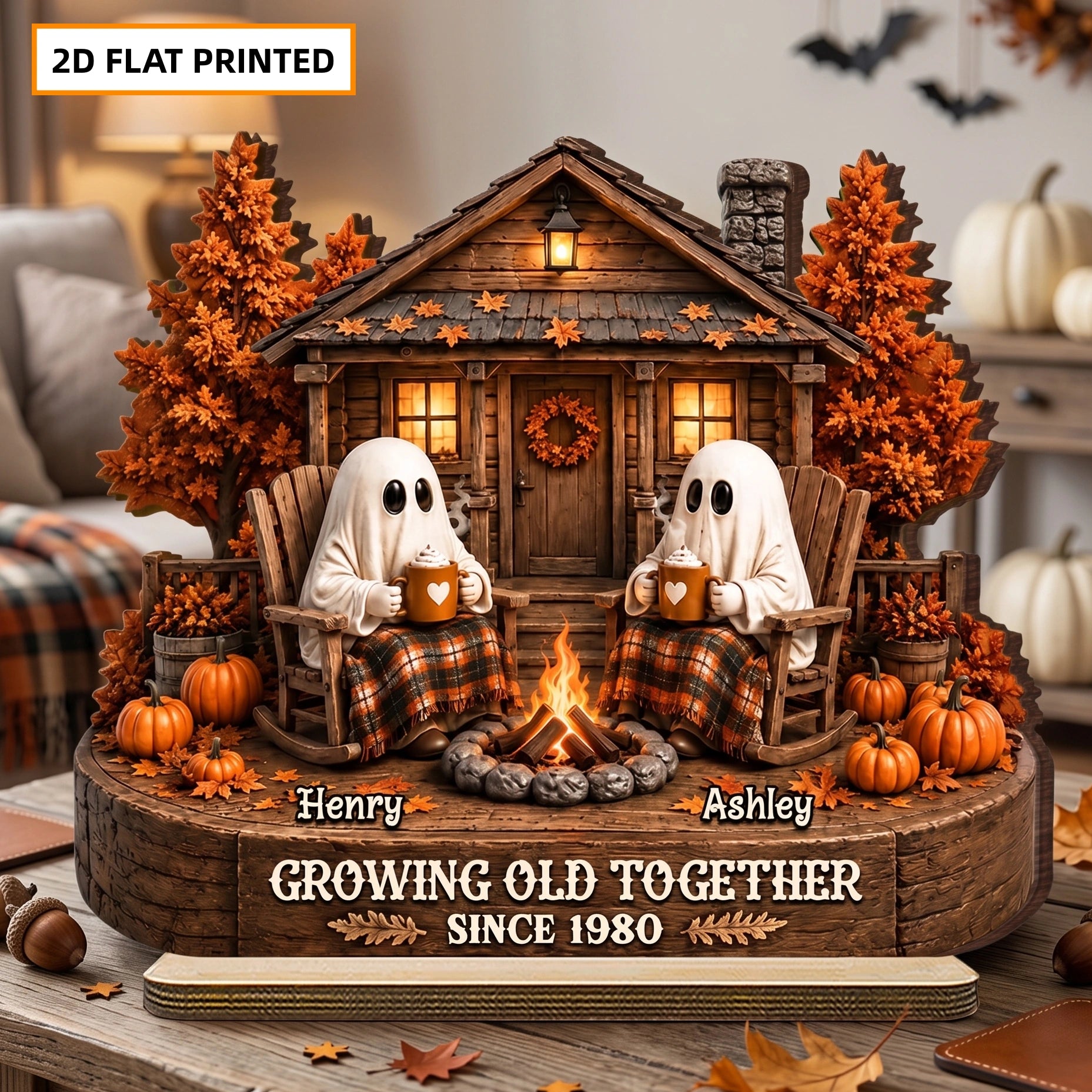 Personalized 2-Layer Ghost Couple Wooden Plaque - Growing Old Together Halloween Decor Gift