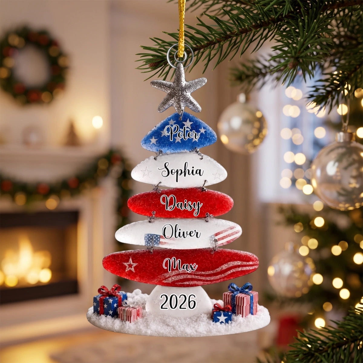 Personalized USA 250th Christmas Acrylic Ornament With Names - Unique Patriotic Gift For Family