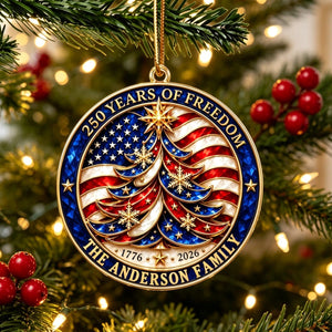 Personalized USA 250th Flag Christmas Ornament - Custom Family Name Patriotic Gift
