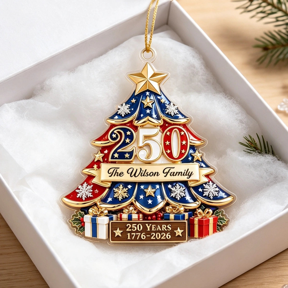 Personalized USA 250th Christmas Ornament With Family Name - Patriotic Tree Decor