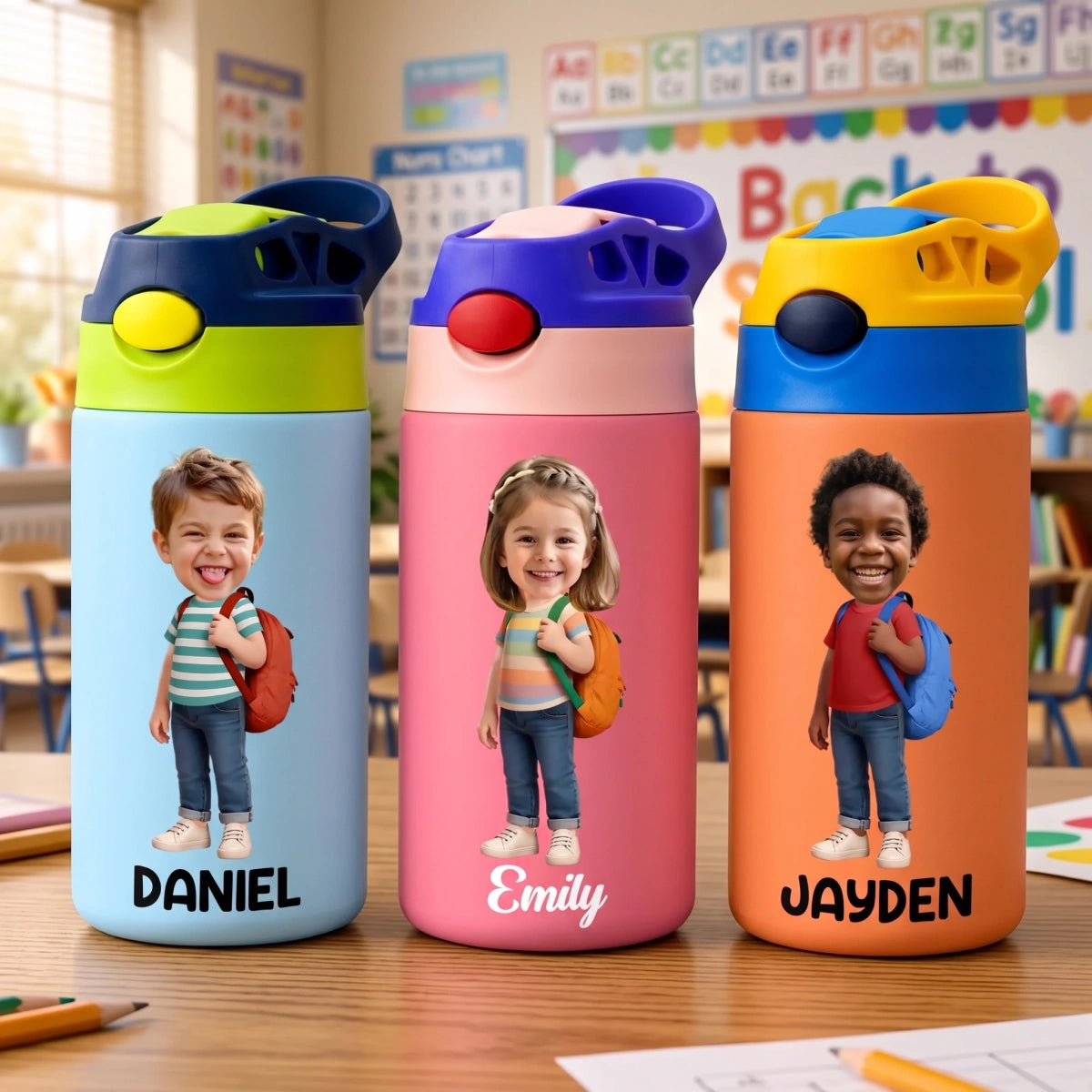Personalized Kids Insulated Water Bottle With Photo & Name - Back To School Gift