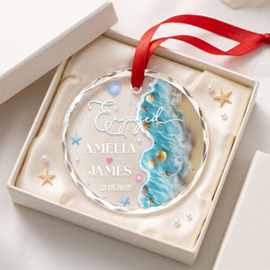 Custom Name & Date Beach Engagement Glass Ornament | Personalized Anniversary Gift For Couple