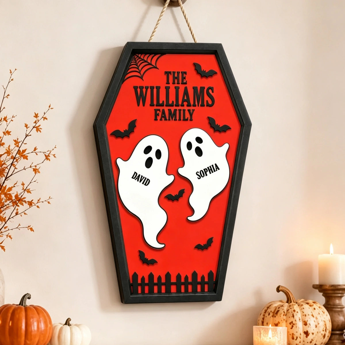 Personalized Ghost Family Coffin Wooden Sign With Names & Color - Halloween Wall Decor Gift