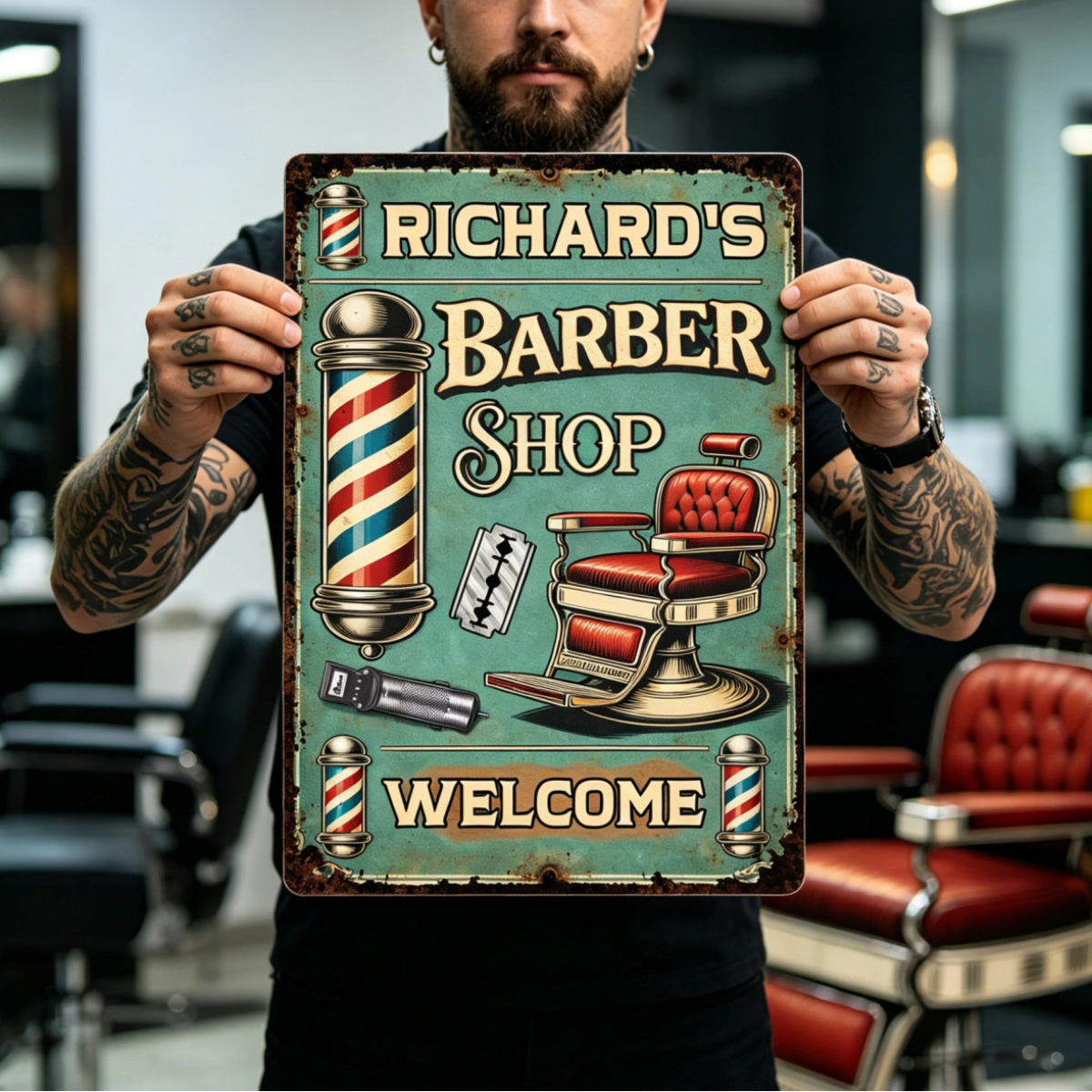 Welcome To Our Barber Shop - Personalized Name Metal Sign