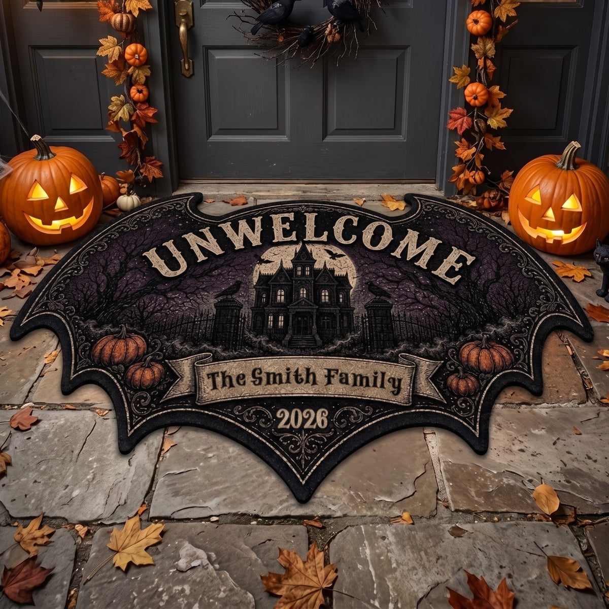 Personalized Bat Halloween Shaped Doormat - Gothic Haunted House Design - Unique Gift For Families