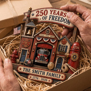 Custom Name Firefighter Family 250 Years Of Freedom Wooden Block | Patriotic Fire Station Decor