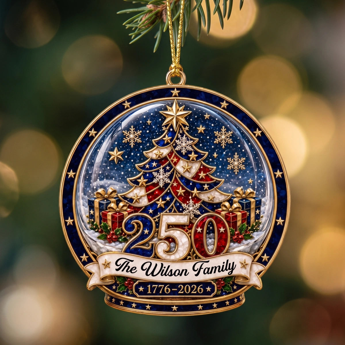 Custom Family Name USA 250th Christmas Ornament - Patriotic Tree Decor