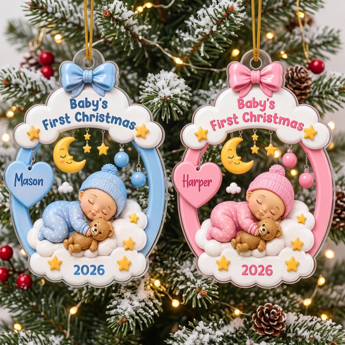 Personalized Baby's First Christmas Acrylic Ornament - Sleeping Kid Moon Stars - Gift For New Parents