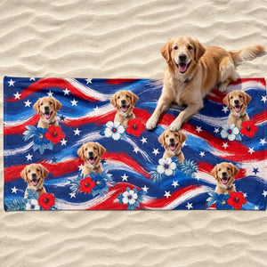 Custom Pet Photo Beach Towel | Patriotic 4th Of July Summer Vacation Gift For Dog Cat Lover