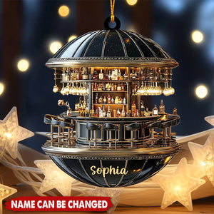 Personalized Retro Lounge Miniature Round Bar 3D Effect Ornament With Name - Christmas Gift For Mixologists And Home Bar Owners