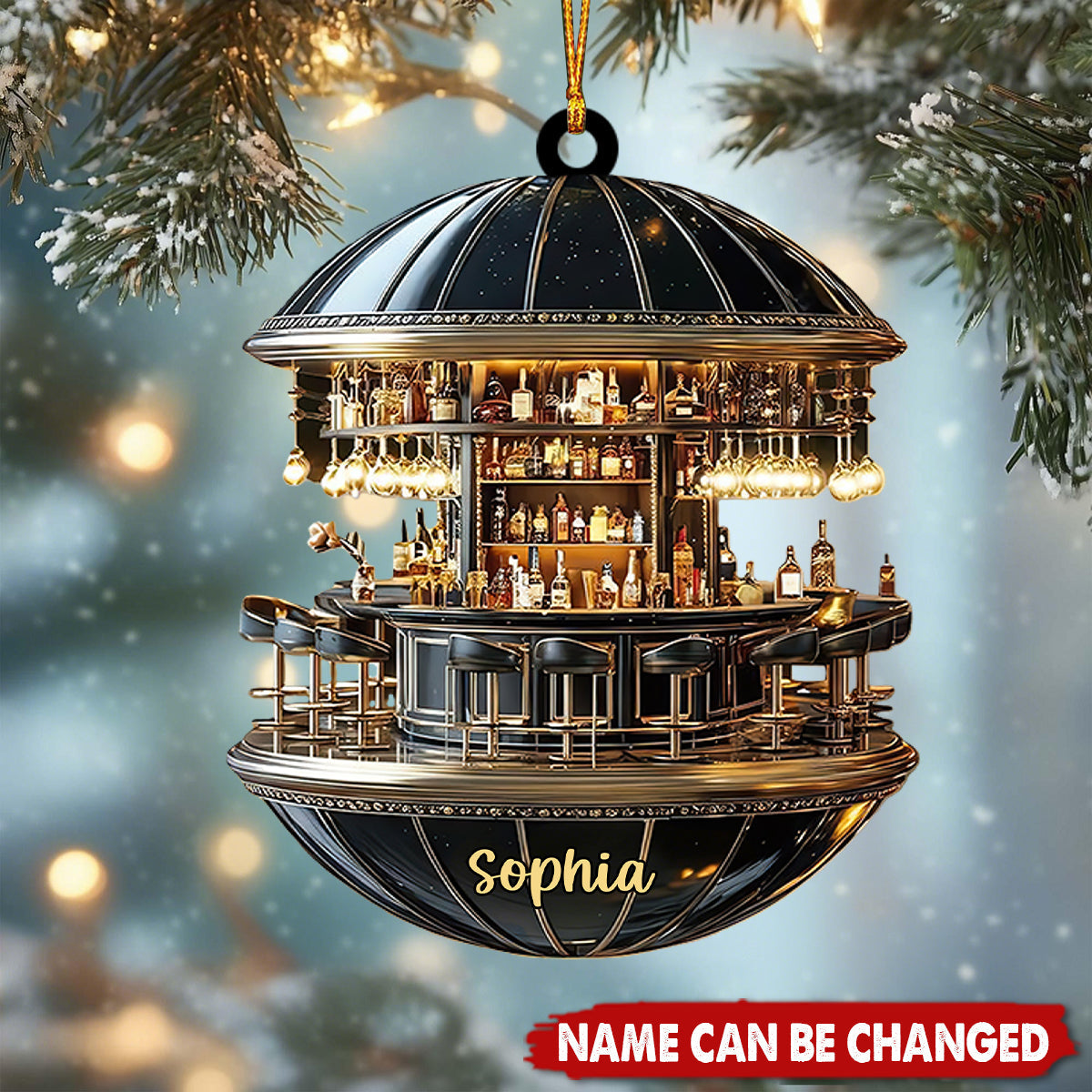 Personalized Retro Lounge Miniature Round Bar 3D Effect Ornament With Name - Christmas Gift For Mixologists And Home Bar Owners