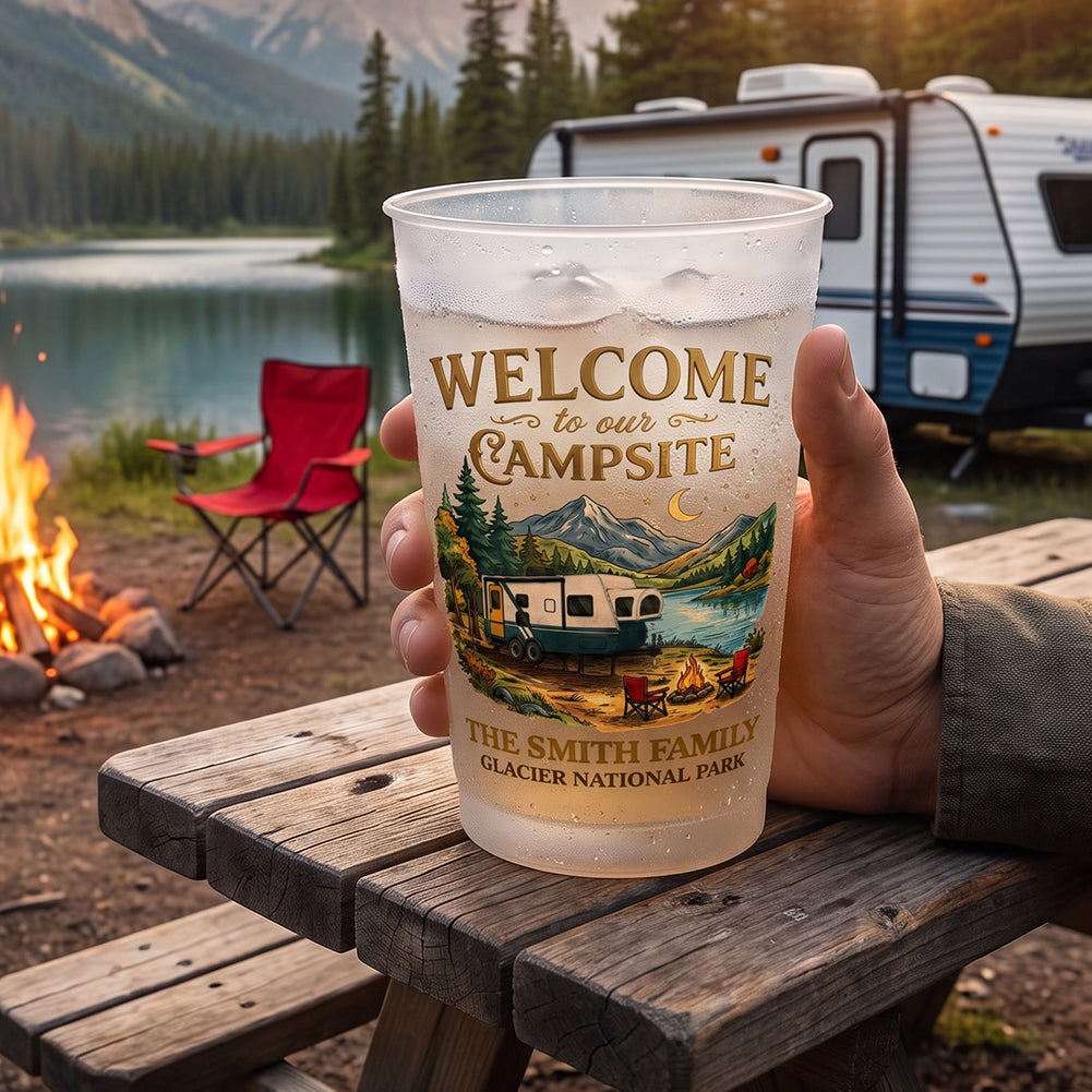 Personalized Family Name Plastic Cups With National Park Campsite For Summer Camping Party Trip