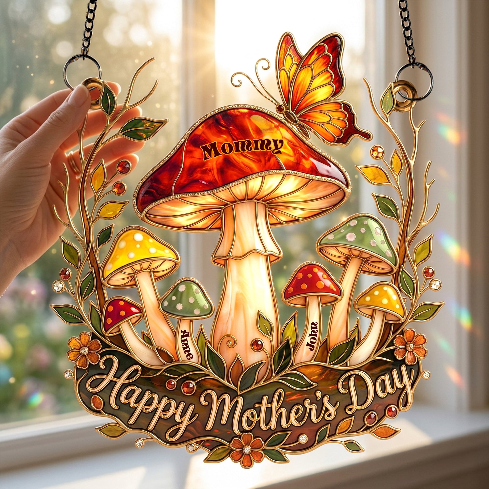Personalized Whimsical Mushroom Mom Suncatcher With 1-6 Kid Names | Mothers Day Gift For Moms