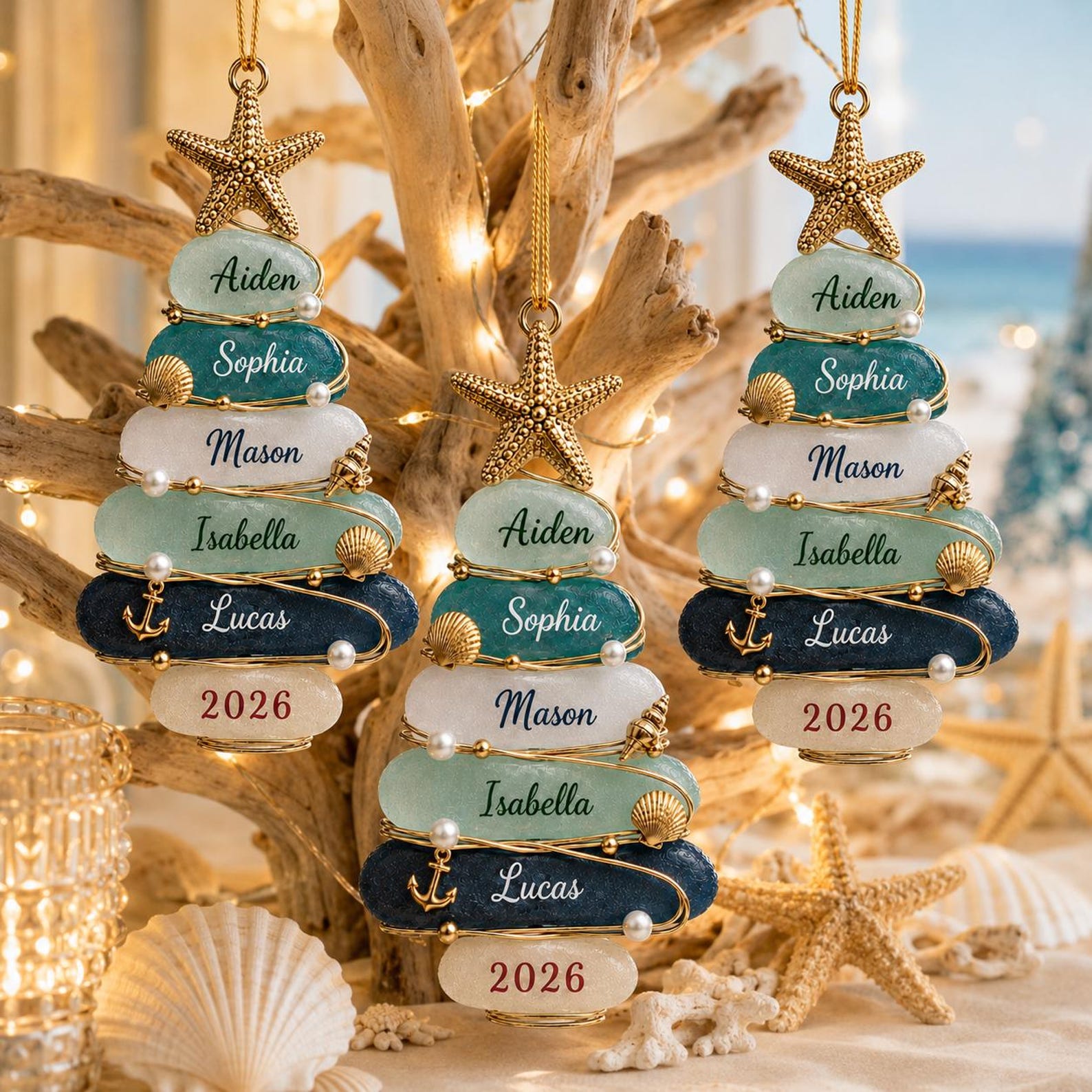 Personalized Sea Glass Tree 2026 Acrylic Ornament - Custom Coastal Family Christmas Gift
