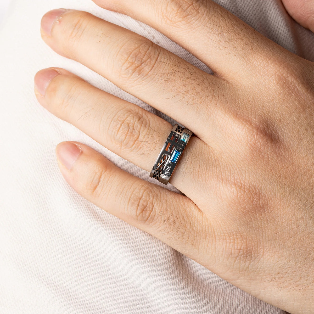 Personalized Cross Birthstone Hollow Ring | Father's Day Birthday Anniversary Gift For Dad Grandpa Men