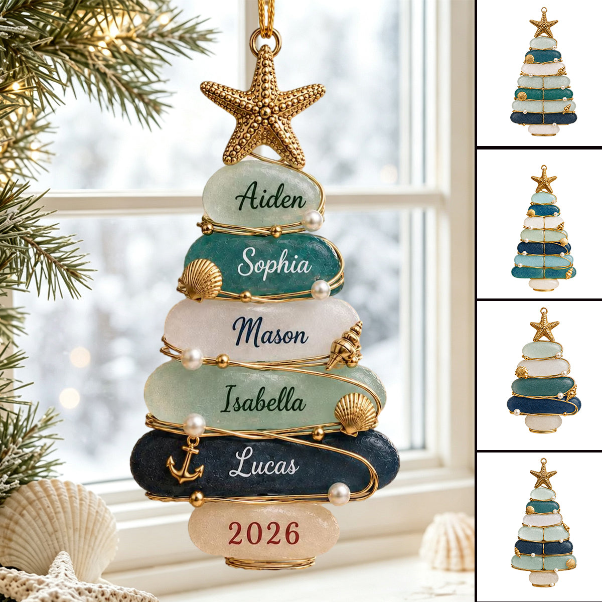 Personalized Sea Glass Tree 2026 Acrylic Ornament - Custom Coastal Family Christmas Gift