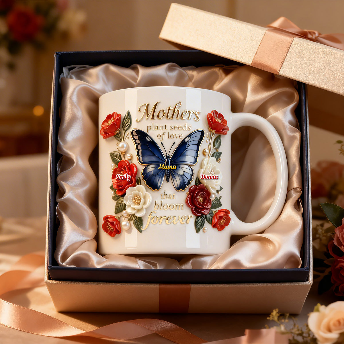 Personalized Floral Butterfly Mom And Kids Coffee Mug With 1-8 Names | Mother's Day Gift For Mom
