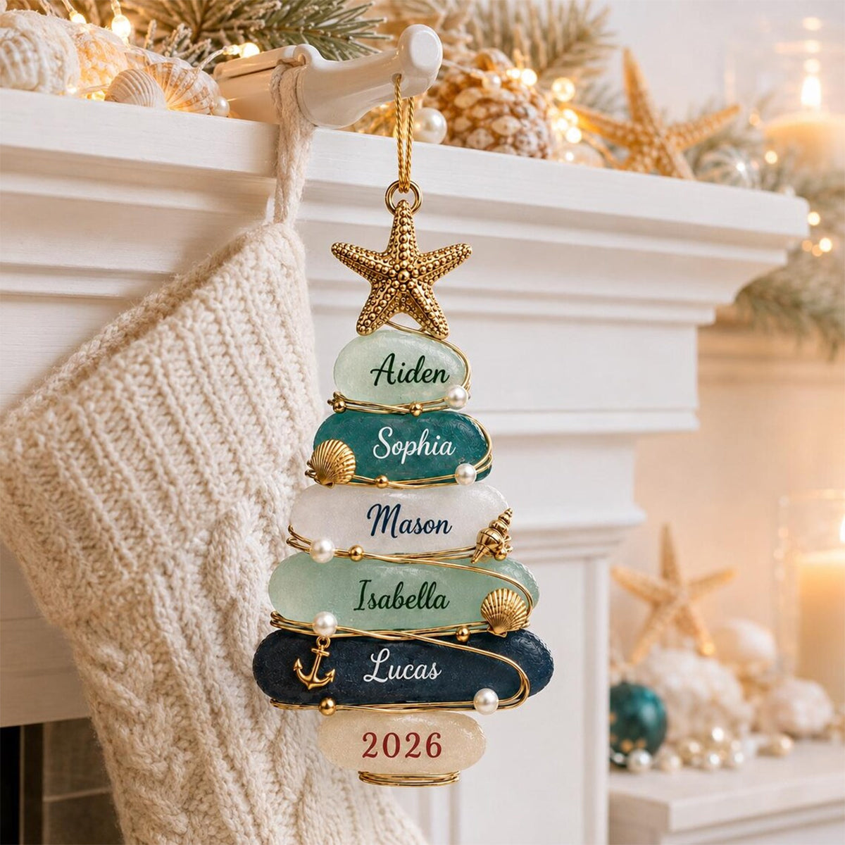 Personalized Sea Glass Tree 2026 Acrylic Ornament - Custom Coastal Family Christmas Gift