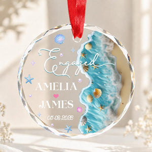 Custom Name & Date Beach Engagement Glass Ornament | Personalized Anniversary Gift For Couple