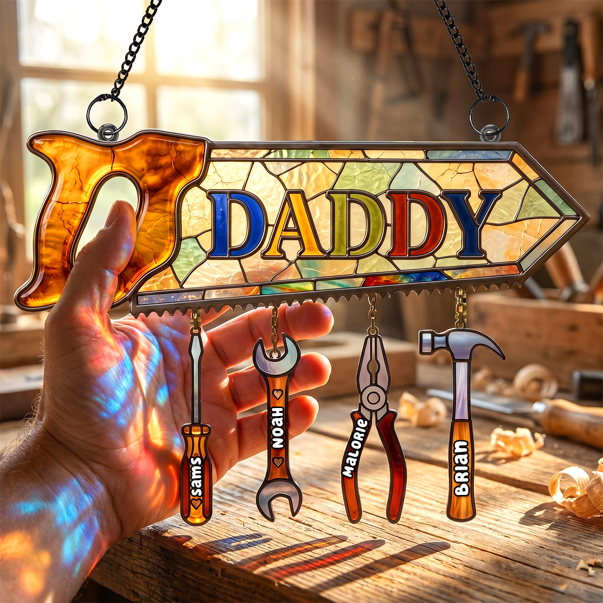 Personalized Daddy's Tool Kid Suncatcher Ornament With 1-6 Names & Design - Unique Father's Day Gift