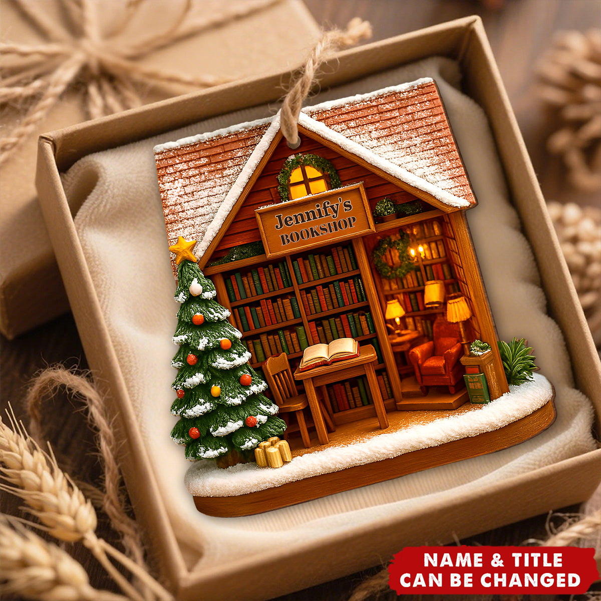 Personalized "Bookshop Story" Wood Ornament With Name & Title Surrounded By Books And Festivals For Book Lovers