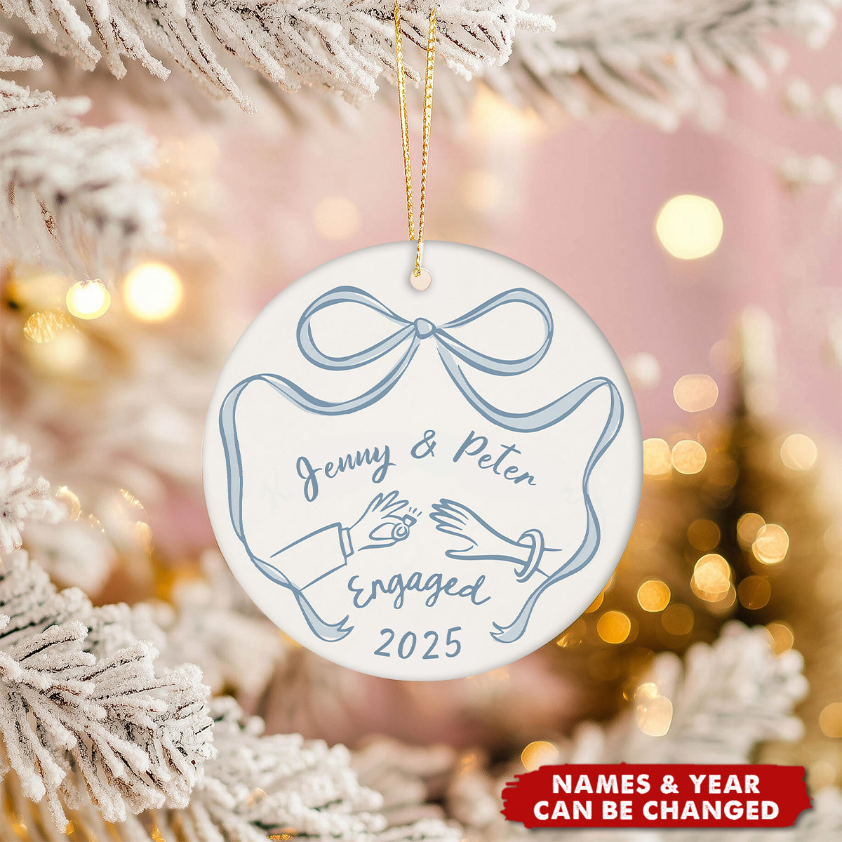 Personalized First Christmas Engaged Ornament | Custom Ceramic Engagement Gift For Couples & Fiancés For Christmas Anniversary