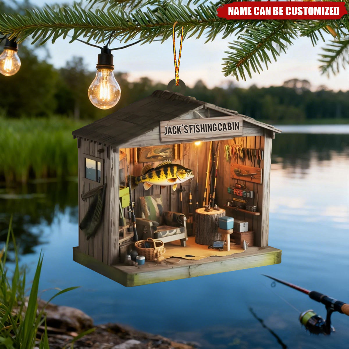 Personalized "Man Cave" Fishing Shack Acrylic Ornament With Name - Best Xmas Decor Birthday Gift For Grandpa & Fishermen