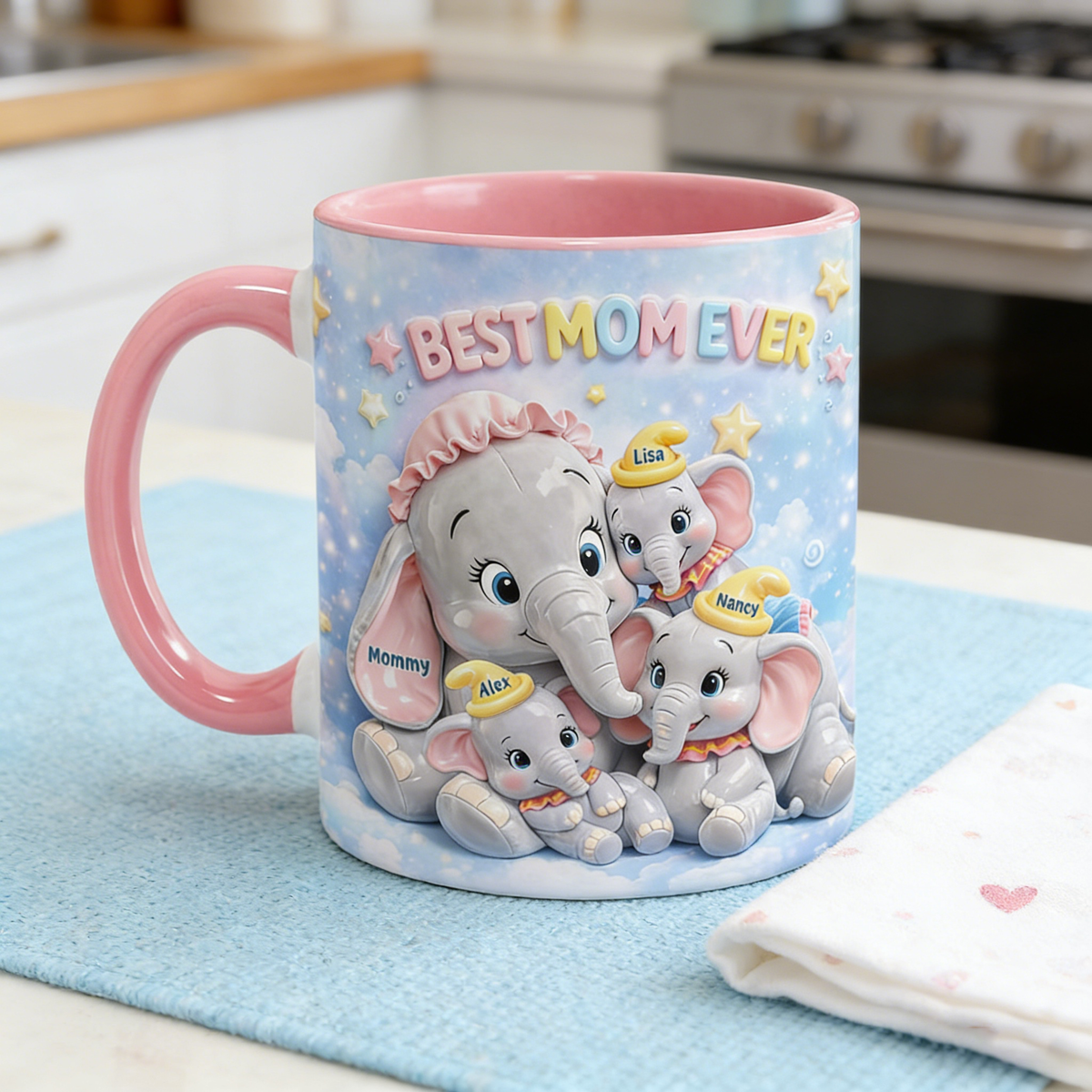 Personalized "Best Mom Ever"Ceramic Mug With Elephant Mom & 5 Kids - Creative Mother's Day Gift For Mama