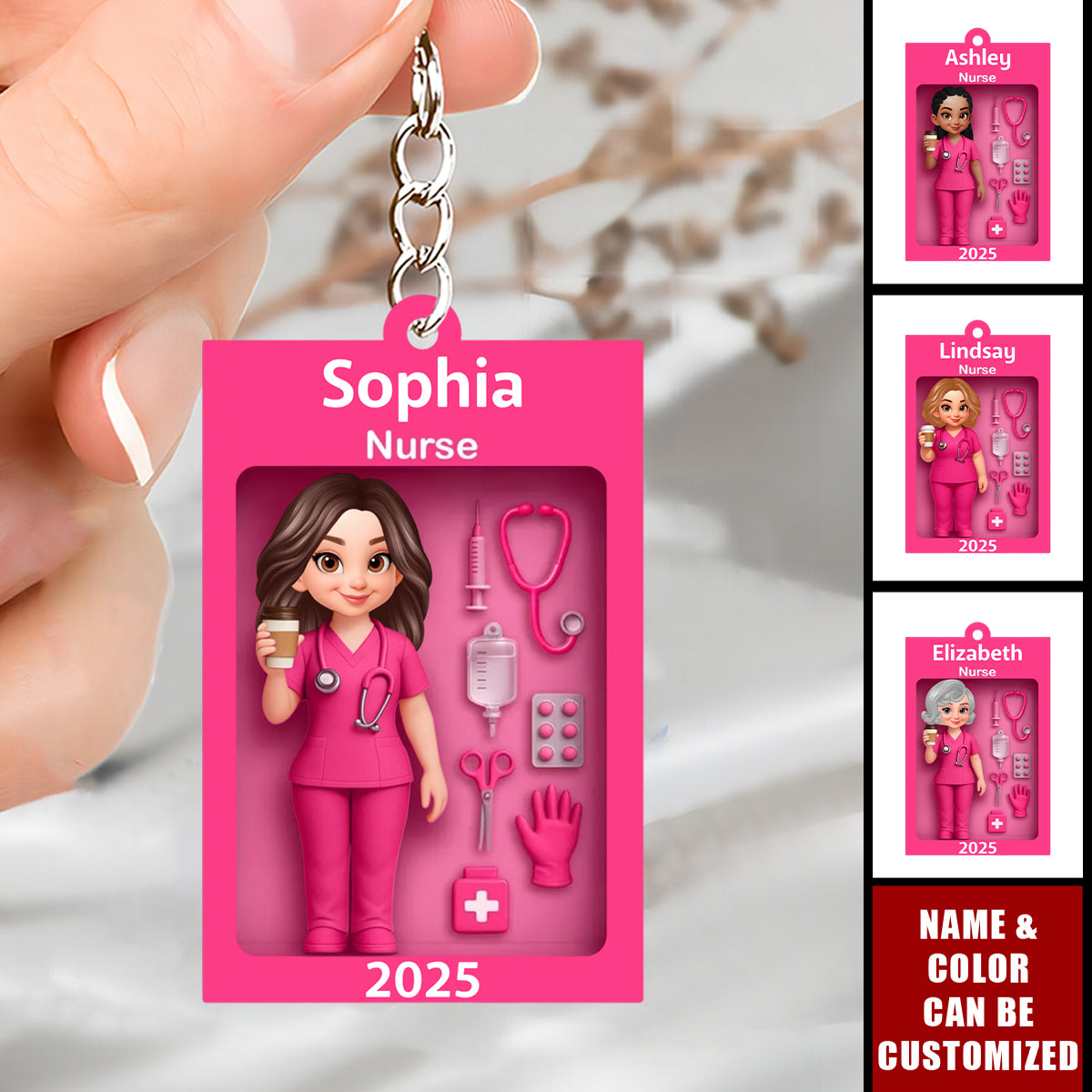 Personalized 3D Effect Nurse Doll Box Acrylic Keyring With Name & Year & Icons - Thank You Gift Birthday For Healthcare Worker & Nurse