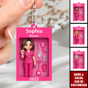 Personalized 3D Effect Nurse Doll Box Acrylic Keyring With Name & Year & Icons - Thank You Gift Birthday For Healthcare Worker & Nurse