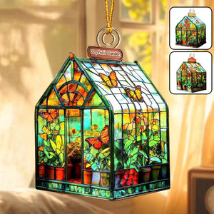 Personalized Stained Glass Style Greenhouse Ornament - Custom Name Garden Cottage Acrylic Decor, Christmas Gift For Gardener & Family