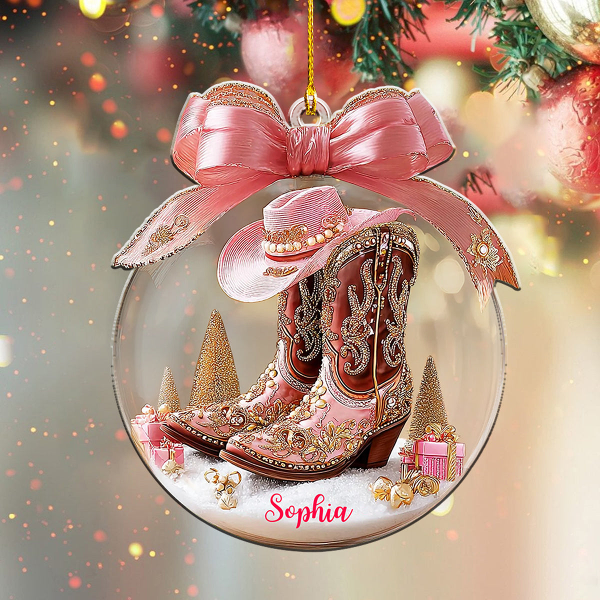 Personalized Western Style Pink Cowgirl Boots Ornament With Name Hat & Bow Romantic Christmas Gift For Her