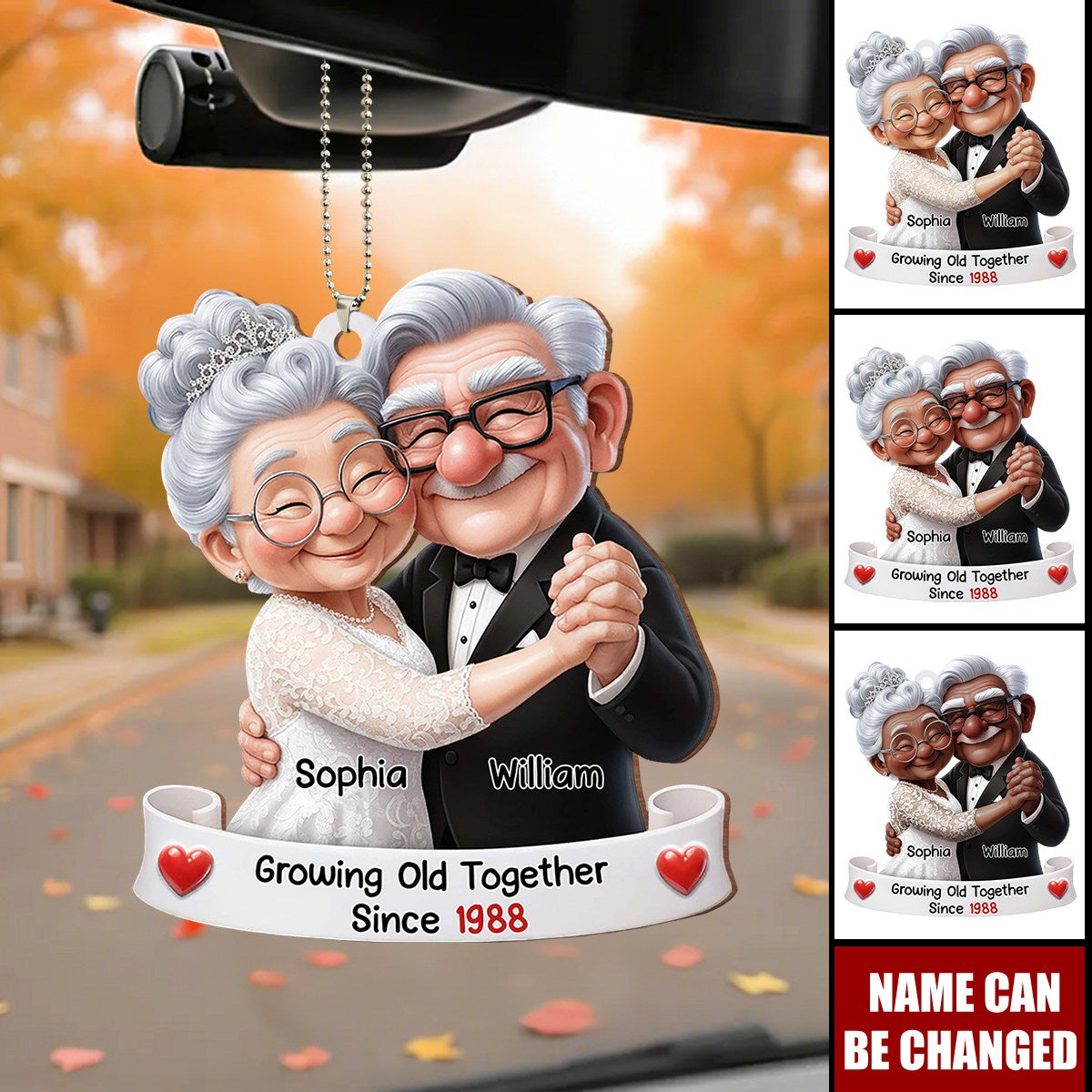 Personalized 3D Effect Cartoon Elderly Couple Wooden Car Ornament With Names & Icons - Anniversary Valentine's Day Gift For Couples