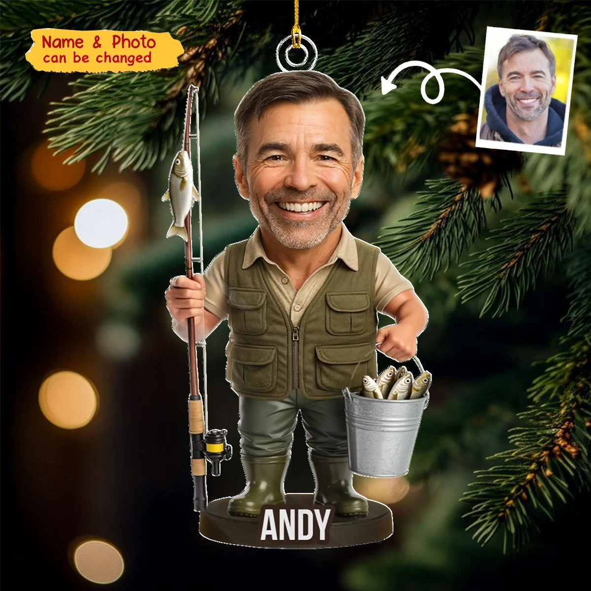 Personalized Fisherman Christmas Ornament With Name And Photo,Unique Angler Decor For Dad Grandpa Friend