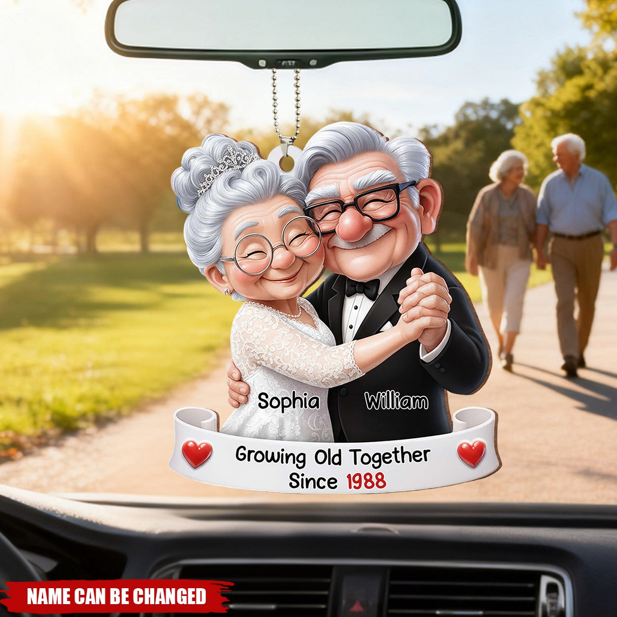 Personalized 3D Effect Cartoon Elderly Couple Wooden Car Ornament With Names & Icons - Anniversary Valentine's Day Gift For Couples