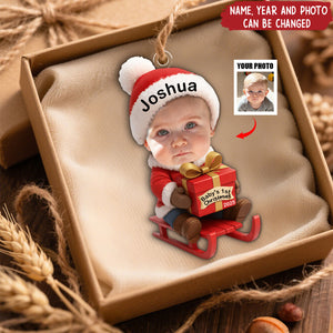 Personalized Baby Cheering On The Sled Ornament With Name Year & Photo Record Baby's 1st Christmas For Family
