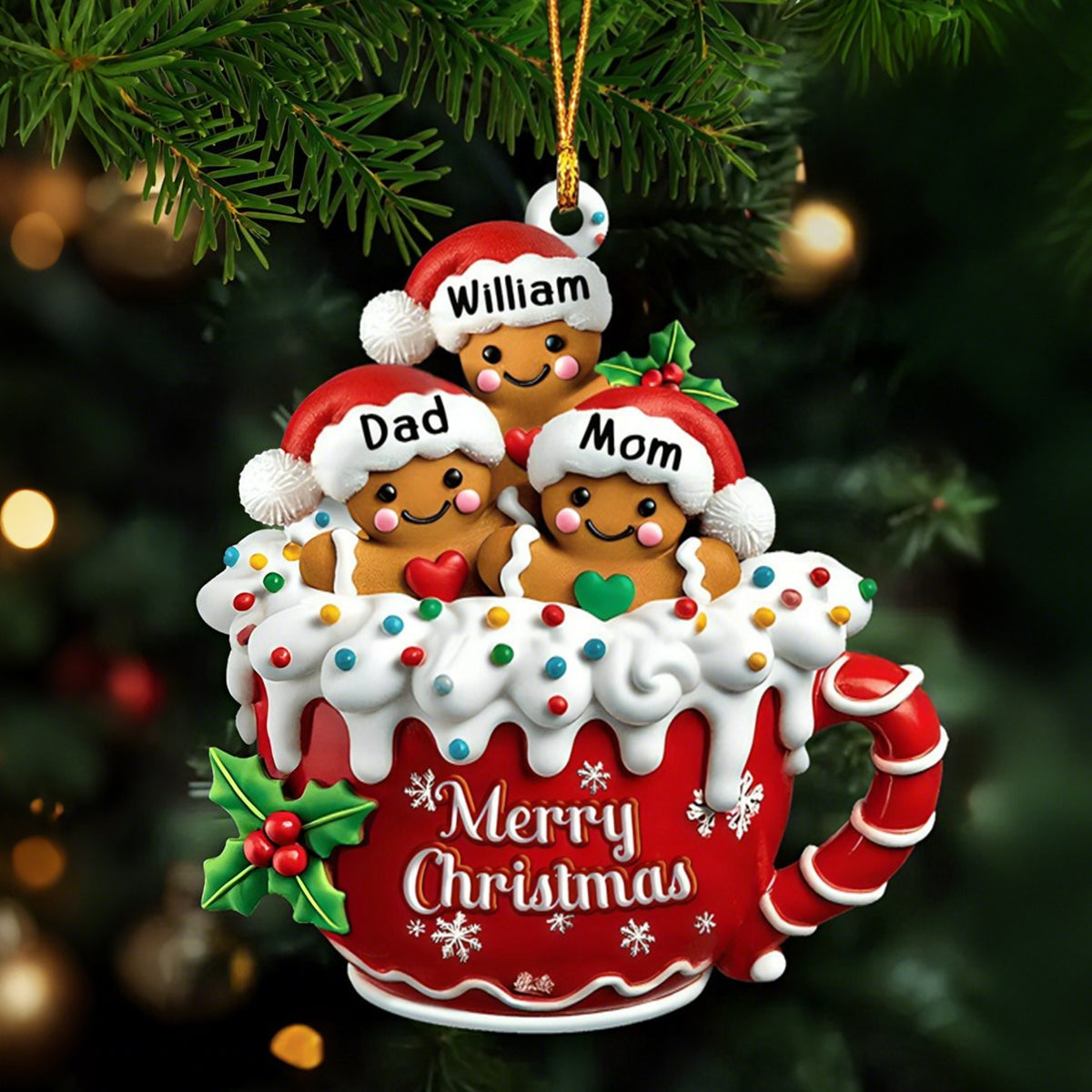 Personalized Gingerbread Family Ornament With 1-10 Names "Put" The Family Into Gingerbread Cups To Welcome Christmas