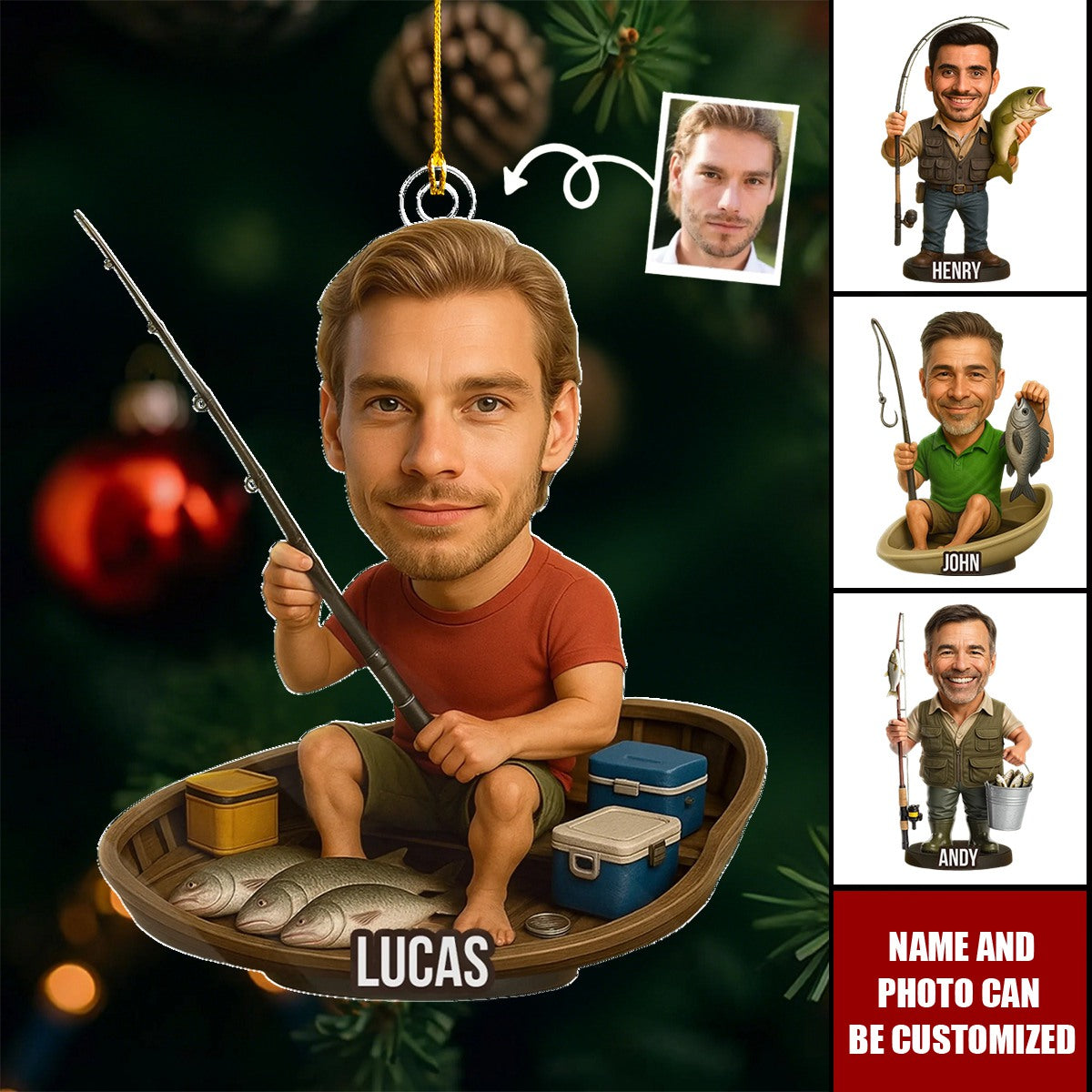 Personalized Fisherman Christmas Ornament With Name And Photo,Unique Angler Decor For Dad Grandpa Friend